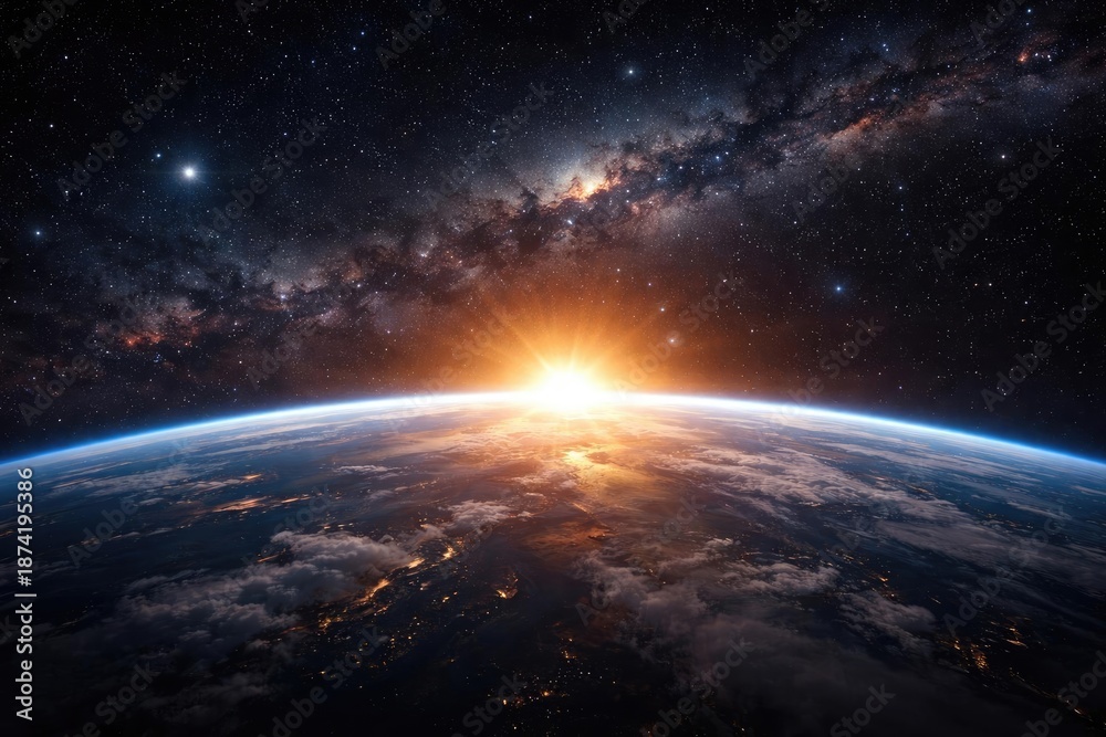 Fototapeta premium Space-based observation of Earth's sunrise with stellar background and galaxy