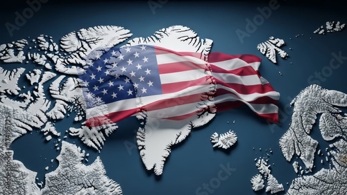 Conceptual 3D relief map of Greenland draped in the United States flag. Powerful visual for news on geopolitical shifts, Arctic strategy, and territorial annexation or acquisition. 