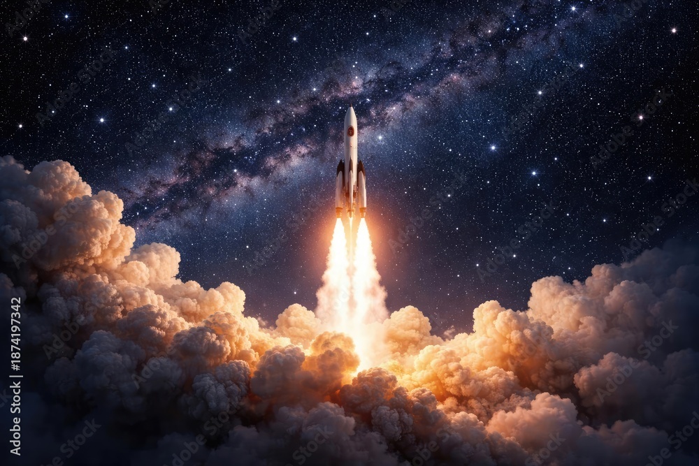 Fototapeta premium Rocket taking off enveloped by smoke under a sparkling star background for space designs and text space