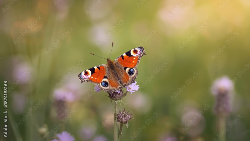 Obraz premium Detailed image of a European peacock butterfly perched on a purple wildflower, highlighting pollinator activity and insect diversity