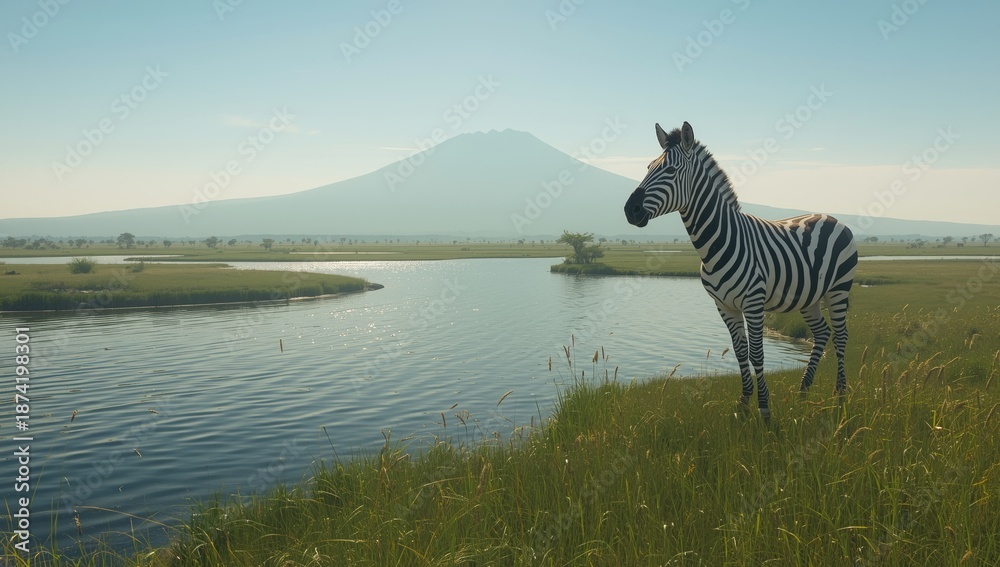 Fototapeta premium Zebra drinking at a lakeside in Amboseli, highlighting natural habitat preservation