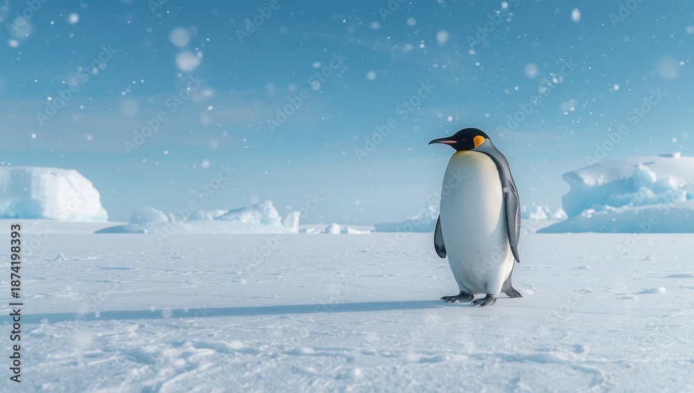 Fototapeta premium Wildlife scene of emperor penguins on a snow-covered glacier, emphasizing habitat preservation in cold environments