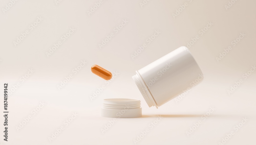 Obraz premium Medication container with a capsule falling out, highlighting pharmaceutical dispensing and packaging procedures