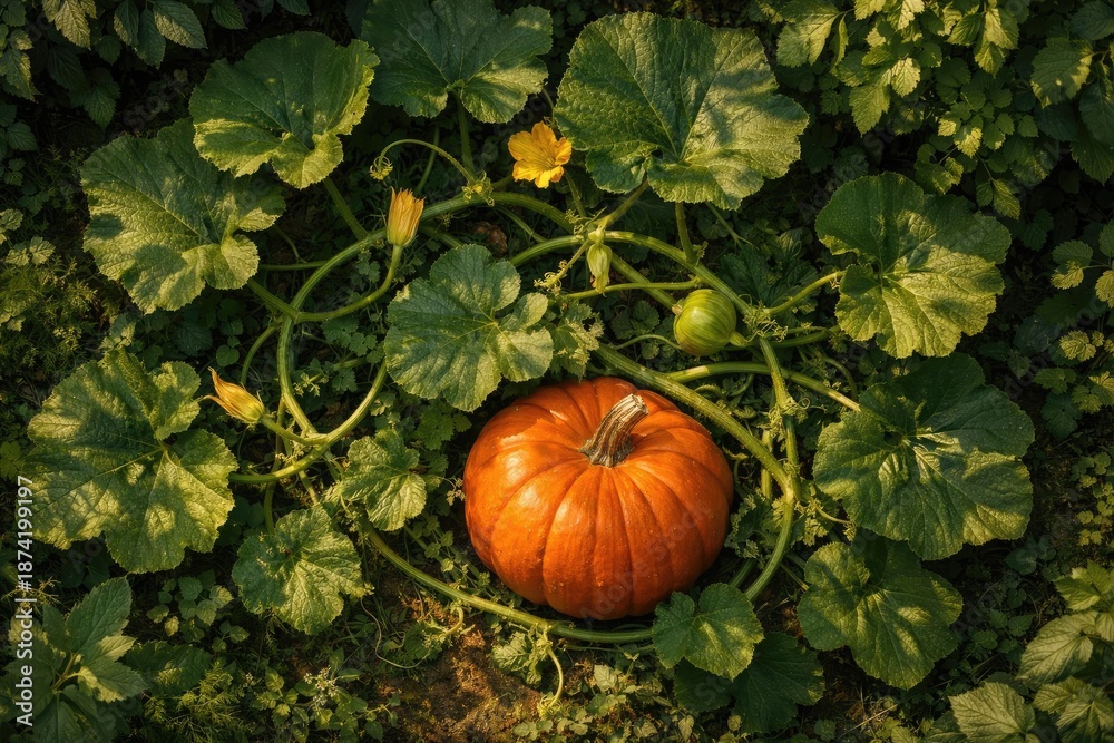 Obraz premium Overhead view showcasing a large pumpkin vine amid rich verdant foliage under summer light