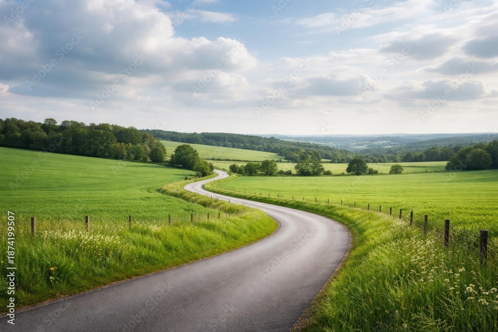 Fototapeta premium Twisting road traversing rich green fields under a soft cloud filled sky offering copy space