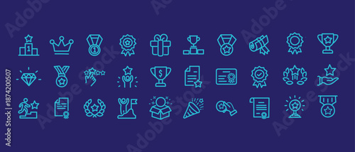 Reward set of web icons in line style. A collection of linear icons representing various reward concepts, including gift, trophy, recognition, reward program, medal, bonus, and more. Editable stroke.