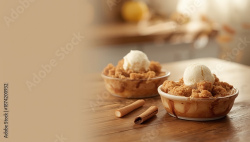 A pair of sizable dessert bowls topped with vanilla ice cream, indulgence in dessert presentation
