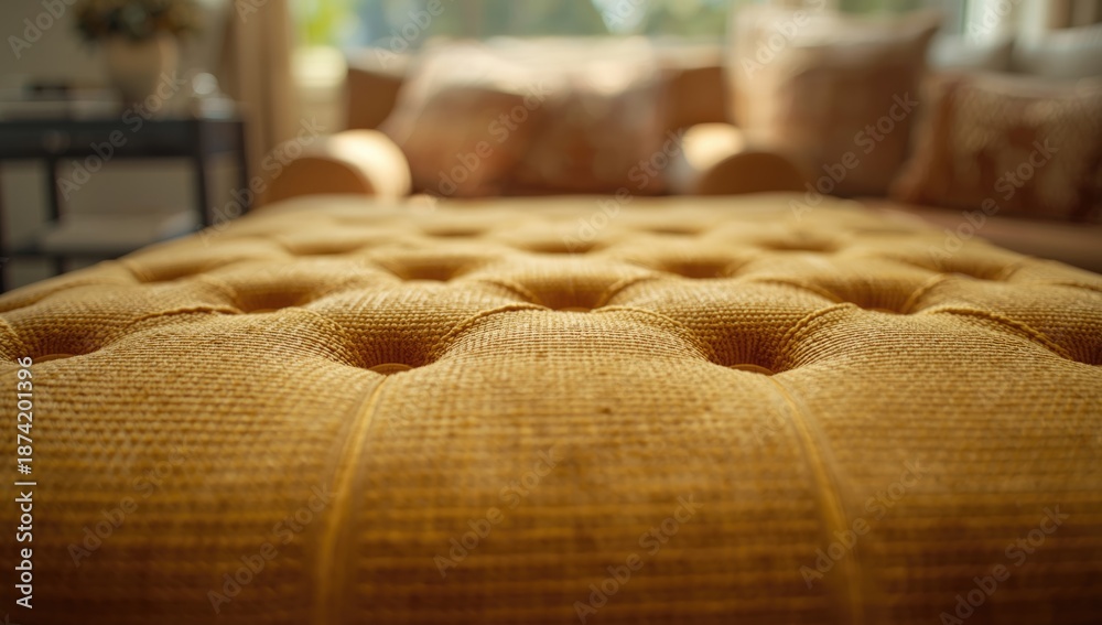 Fototapeta premium Detail of soft padded mustard-yellow fabric with stitched grid pattern, suitable for upholstery or furniture finishing