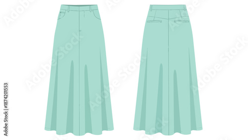 Full length mint green pleated maxi skirt detailed front and back views on white background fashion illustration vector