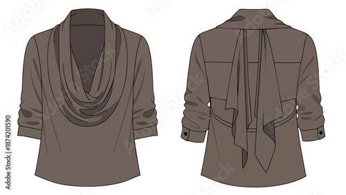 Elegant women's brown blouse with draped neckline and rolled sleeves showcased from front and back views