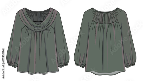 Elegant cowl neck blouse design with gathered detailing and voluminous sleeves shown front and back view illustration