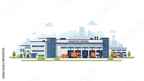 Modern logistics center with loading docks and trucks, depicting efficient distribution and supply chain operations