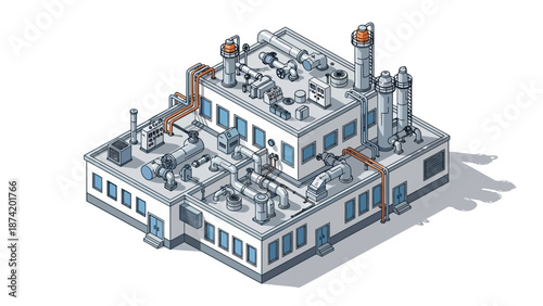 Isometric illustration of a modern industrial manufacturing plant with complex piping and ventilation systems, representing production and industry