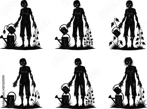 Growth and care silhouette vector, plant watering concept, nurturing illustration, personal development theme, environmental stewardship, black and white minimal design