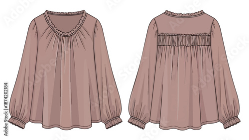 Front and back view of a flowing bishop sleeve blouse with delicate smocking detail on the yoke and cuffs