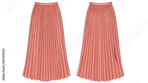 Elegant Coral Pleated Maxi Skirts Rendered for Fashion Design and Apparel Concepts