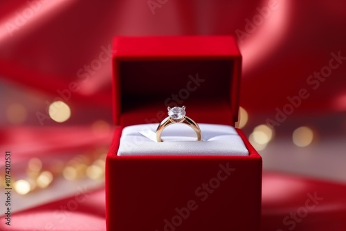 Diamond engagement ring in a red velvet box on red satin with golden bokeh background