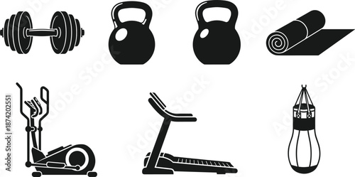 Gym fitness equipment vector illustration set, featuring dumbbell kettlebell yoga mat treadmill punching bag icons isolated on white background for workout training design