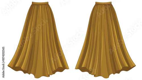 Elegant flowing mustard yellow pleated maxi skirts displayed symmetrically on a white background