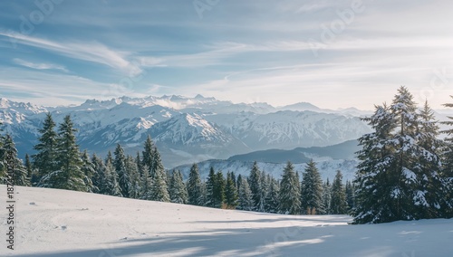 Foto Snow-covered terrain featuring trees on mountainous and hilly areas beneath a cl