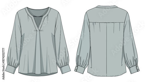 Detailed illustration of a classic gray women's blouse showcasing front and back views with elegant design elements
