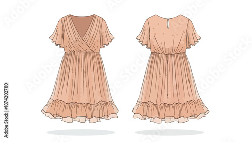 Elegant Peach Ruffled Flutter Sleeve V-Neck Midi Dress Fashion Illustration Front and Back Views