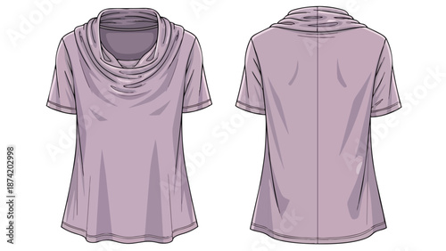 Fashion flat sketch showcasing a short-sleeved cowl neck top with front and back views for apparel design