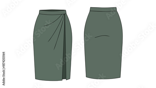Fashionable garment technical drawing displaying a draped front and plain back view of a pencil skirt with sophisticated pleating details