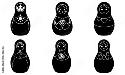 Five Black Russian Nesting Dolls with White Patterns on Transparent Background matryoshka doll black doll