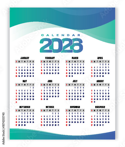 2026 Annual Calendar Template with Modern Gradient Waves