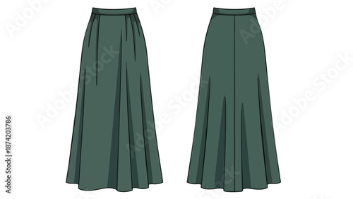 Two Views of a Pleated Forest Green Maxi Skirt, Front and Back Fashion Illustration