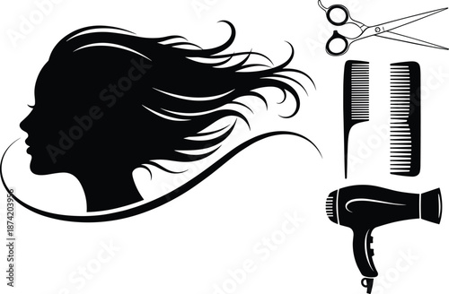 Hair salon beauty silhouette vector with woman profile, flowing hairstyle, scissors, combs, and hair dryer, professional hairstyling tools for barbershop and cosmetic branding