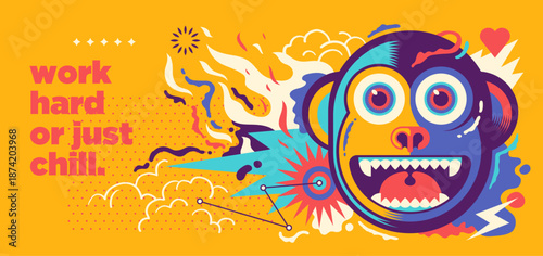An abstract conceptual illustration with a comic monkey. Vector illustration.