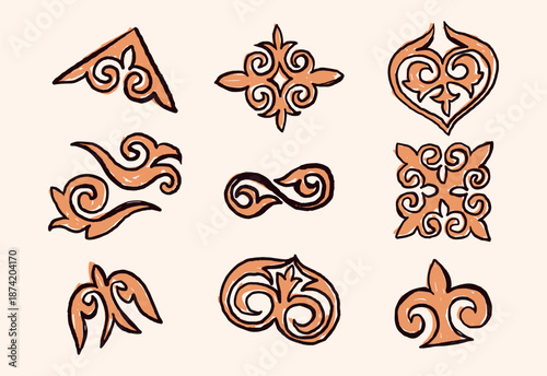 Hand Drawn Kazakh Ornamental Elements Set in Warm Colors