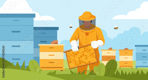 Beekeeper Inspecting Honeycomb Frame Outdoors.