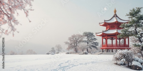 Wallpaper Mural Snow-covered pine landscape with classic red Chinese buildings highlighting winter seasonal change Torontodigital.ca
