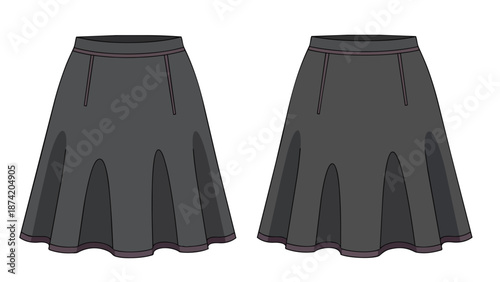 Stylized illustration of two dark grey pleated midi skirts presented side by side on a white background