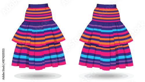 Vibrant, Multi-Colored Striped Tiered Skirts Displayed with Artistic Flair Against a Clean White Background
