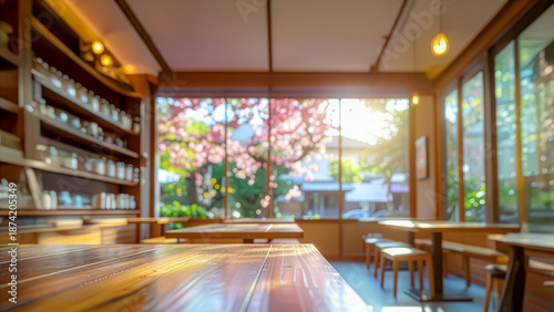 春の陽光が差し込む、窓の外に桜が見える温かい雰囲気のカフェの店内