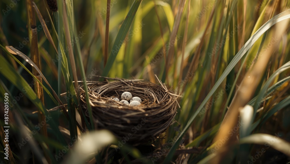 Obraz premium Birds nest nestled among reeds highlighting natural materials used for bird shelter, conservation focus
