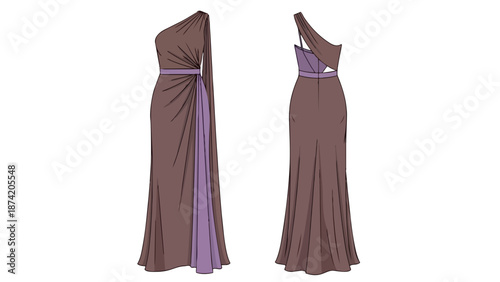 Elegant one-shoulder draped gown with contrasting lavender panel and a chic waist accent for formal occasions