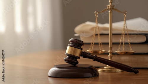 Legal scene featuring a judges gavel, justice scales, and law book, focusing on judicial decision-making