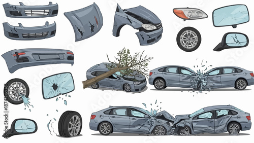 Collection of Damaged Car Parts and Crashed Vehicles.