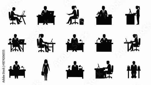 Collection of Business People Silhouettes Working at Desks.