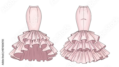Elegant ruffled gown design illustration showcasing cascading layers of fabric for a dramatic silhouette