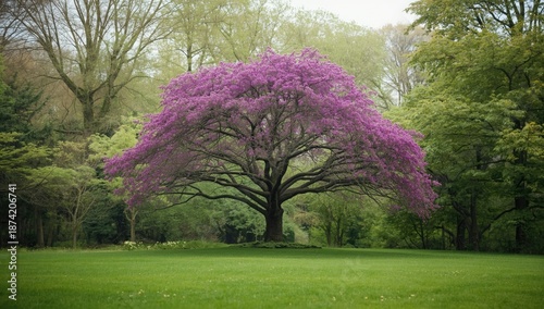 Forest scene featuring a tree with purple leaves and green surrounding trees, highlighting natural diversity