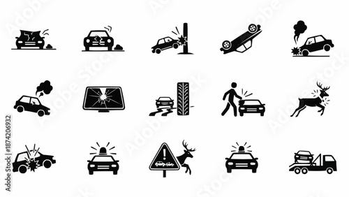 Collection of car accident icons and symbols.