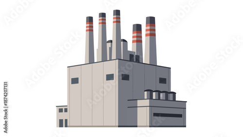 Industrial power plant with multiple chimneys emitting smoke into the sky, representing energy production and industry
