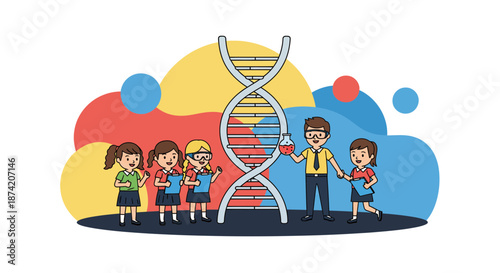 Cartoon Children and Scientist with DNA Strand Model.