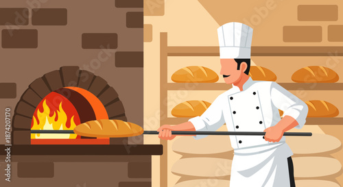 Chef Baking Bread Using Wood Fired Oven.